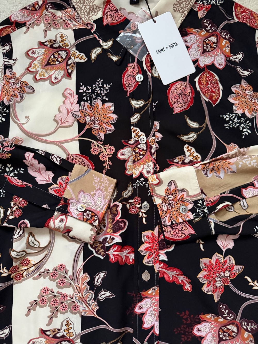 Saint+Sofia Floral Button-Up Long-Sleeve Shirt Black & Cream Size M NWT - Picture 10 of 11